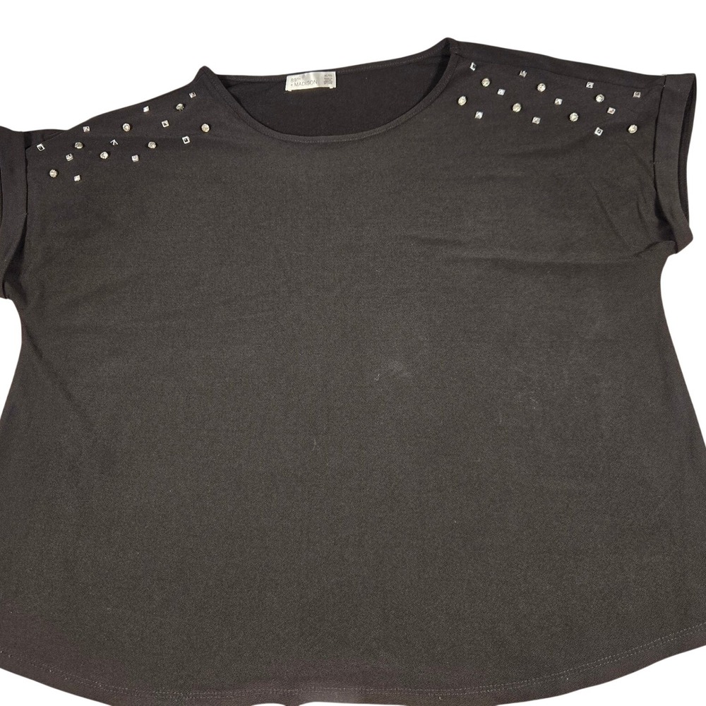 89th + Madison Womens XL Black Rhinestone Embellished Cuffed Short Sleeve Top